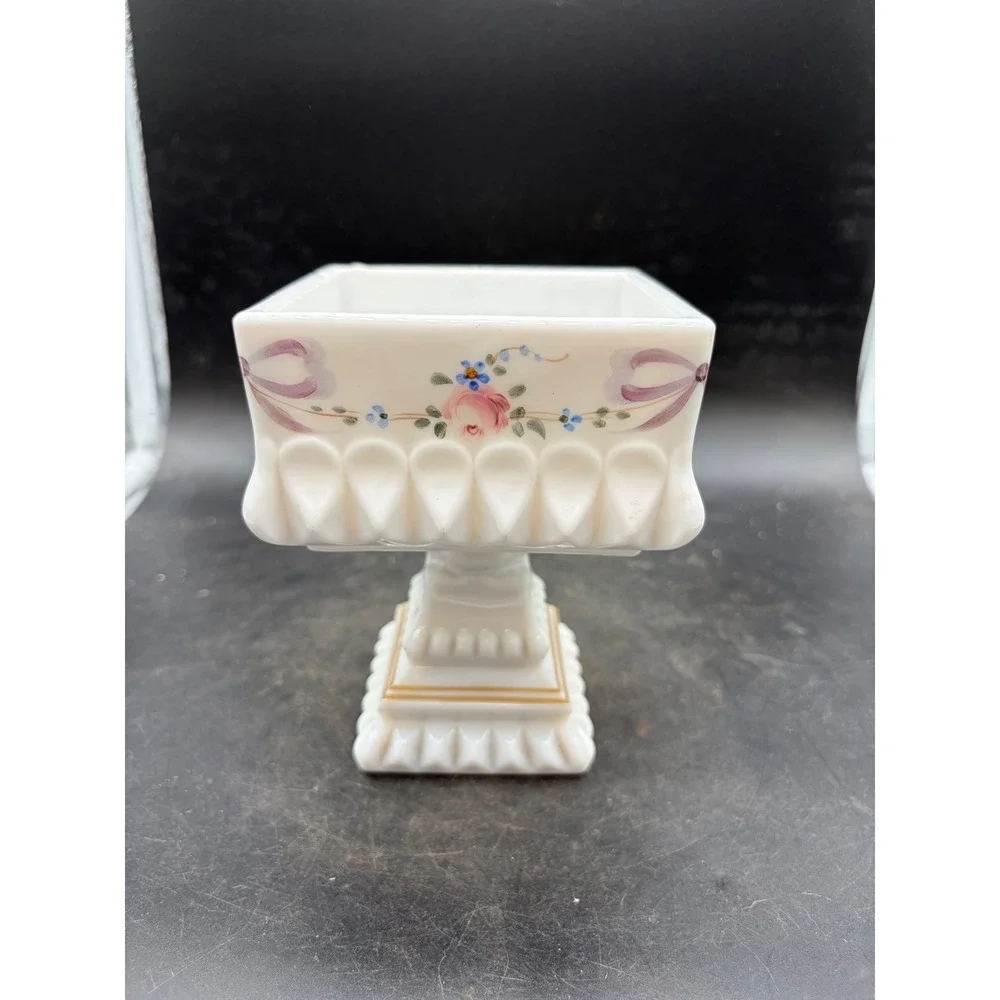 Vintage Milk Glass Pedestal Planter Square Hand Painted Floral Roses Sawtooth